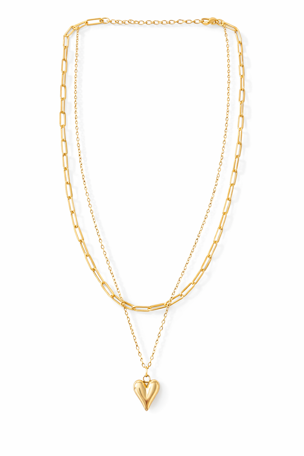 Two Layer Thin Chain Heart Charm Necklace Gold